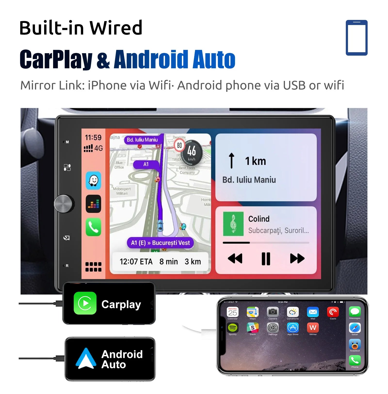 ESSGOO 10.4" Car Stereo Single DIN Wireless CarPlay Android Auto Rotatable Touch Screen Bluetooth GPS Nav Radio Player Head Unit