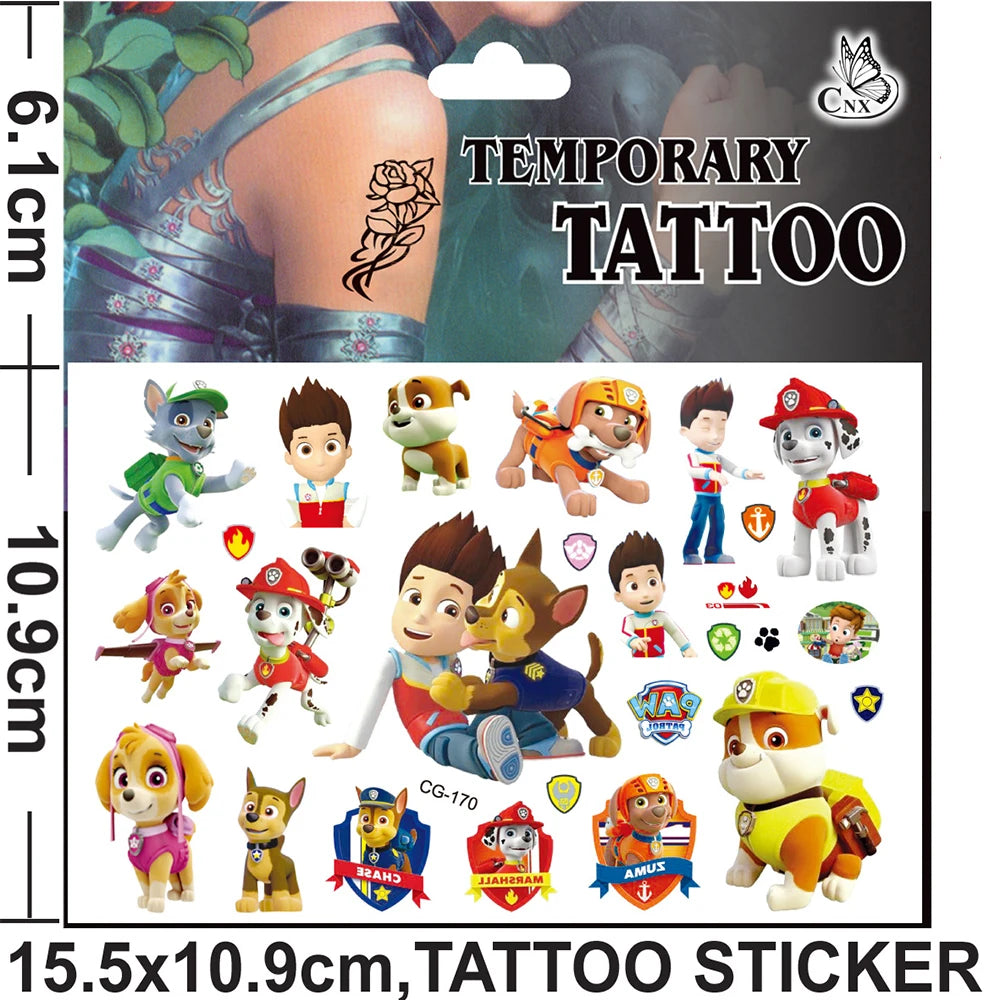 Cute Paw Patrol Toys Tattoo Stickers Anime Pet Dog Model Doll Chase Marshall Rocky Cartoon Children Fake Temporary Tattoos Gifts