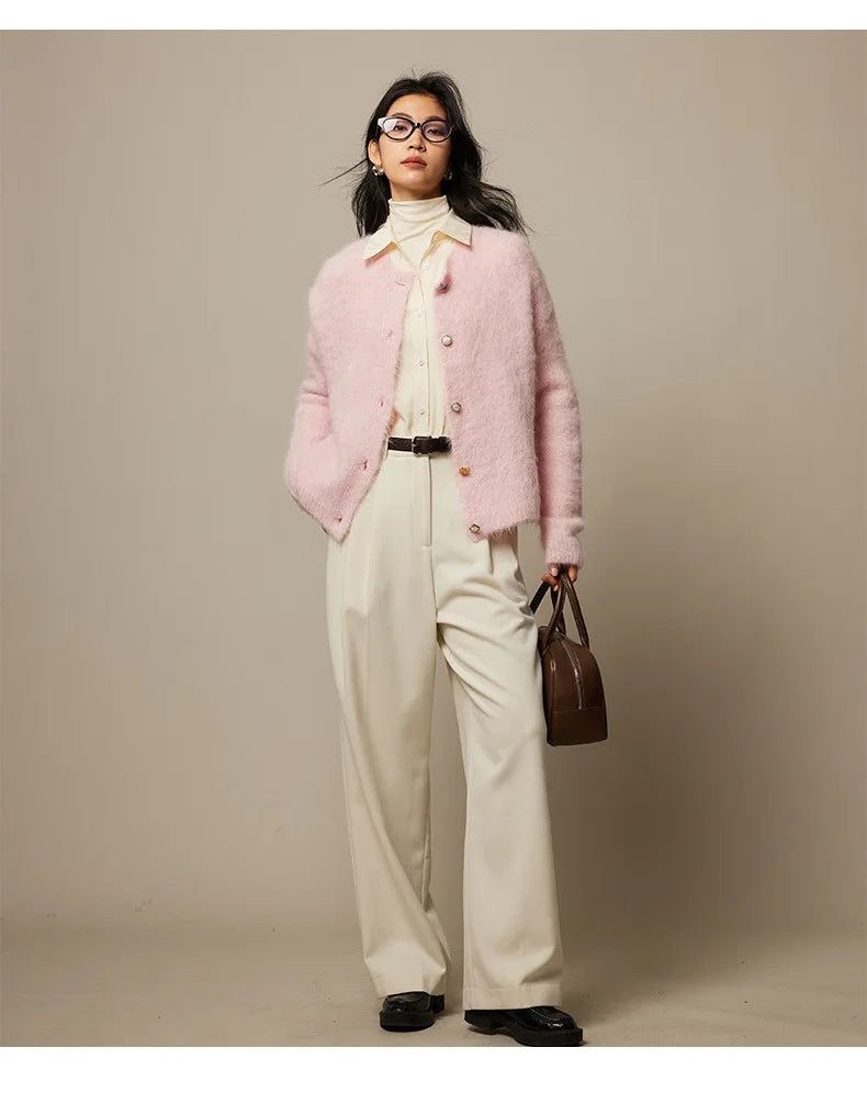 Winter Alpaca Wool Knitted Cardigan Women Soft Round Neck Single Breasted Loose Button Sweater Coat