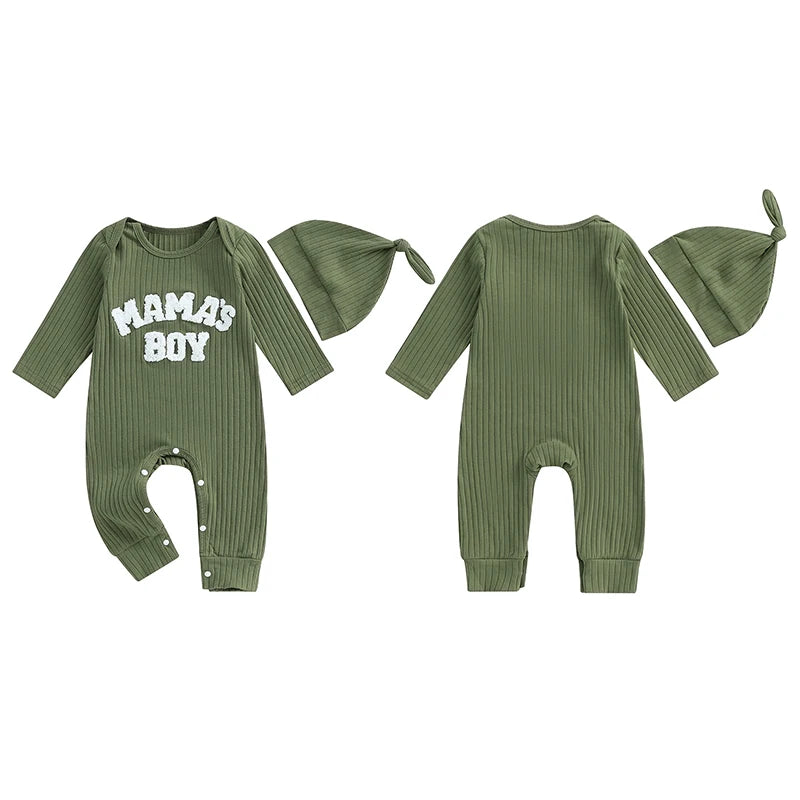 Pudcoco Infant Newborn Baby Boy Bodysuits Letter Embroidered Ribbed Long Sleeve Round Neck Fall Jumpsuits Hat Outfits 0-18M