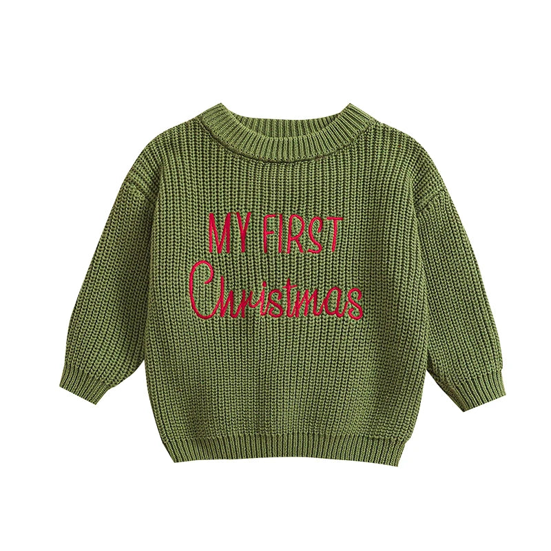 Baby Christmas Sweaters Letter Embroidered Long Sleeve Round Neck Knitted Pullover