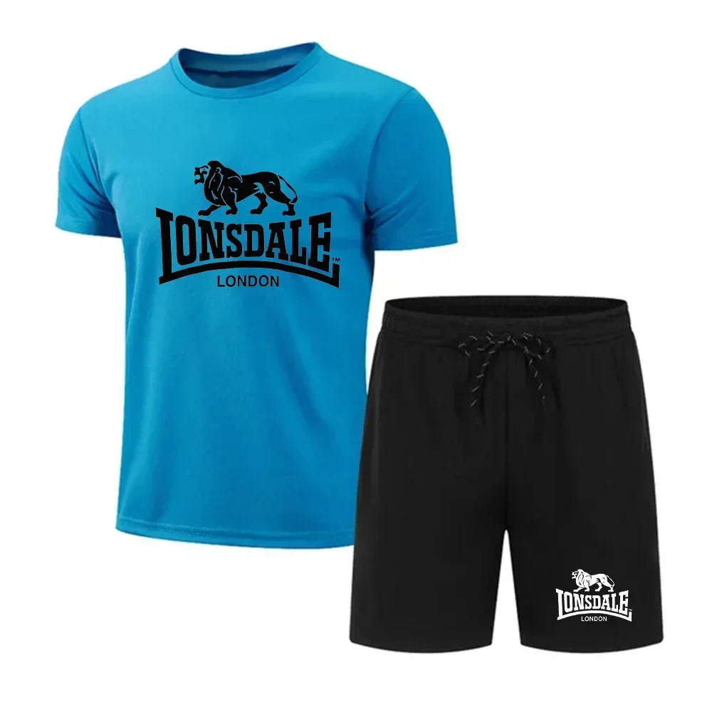 Men's summer T-shirt+shorts mesh set Lonsdale printed quick drying breathable sports set short jogging gym casual sportswear
