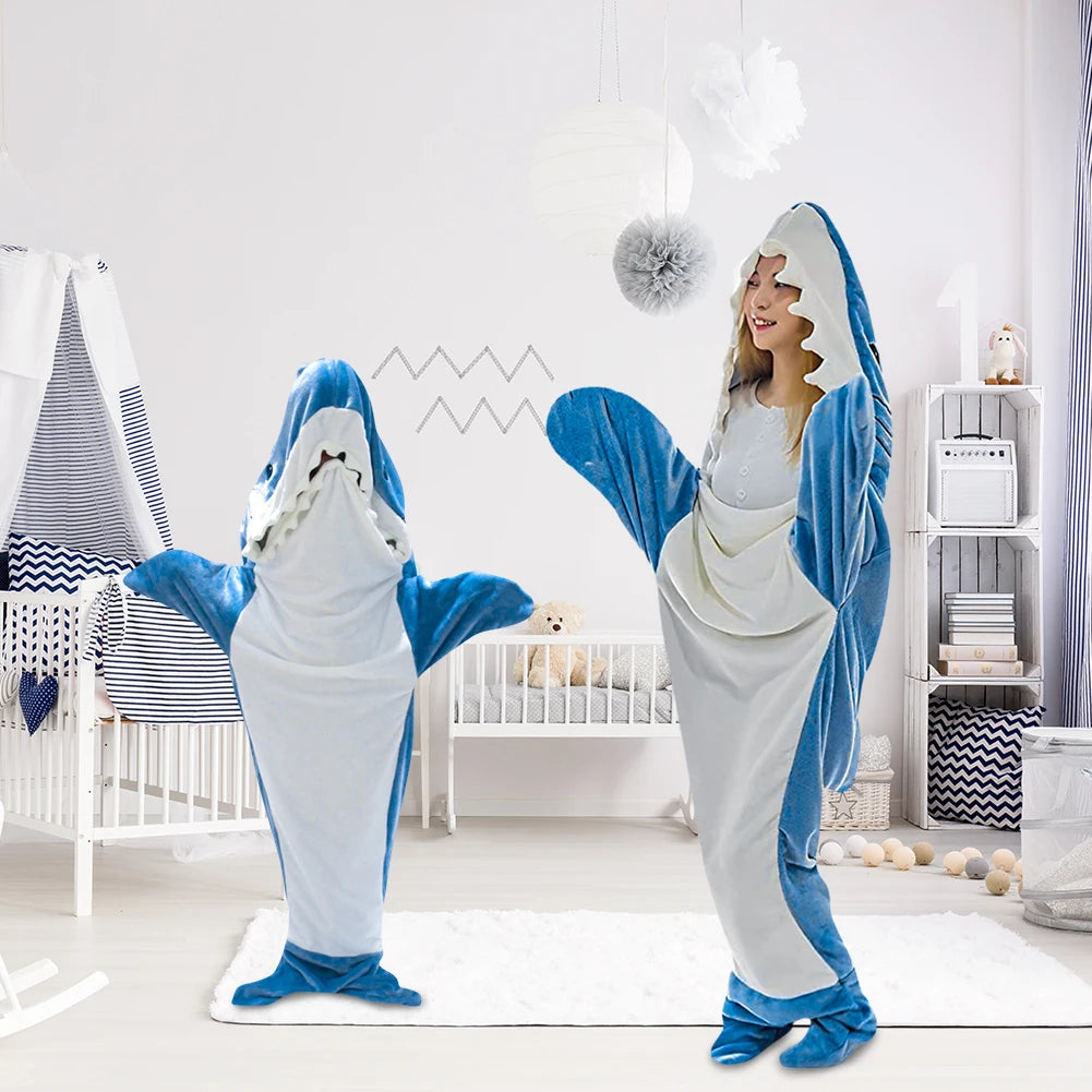 Shark Blanket Cartoon Sleeping Bag Shark Onesie Sleeping Bag Pajama Hooded Warm Flannel Funny Homewear Winter Warm Blanket