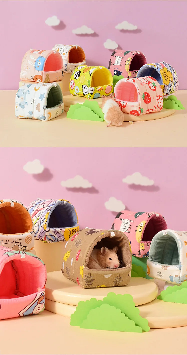 قفص صغير لطيف على شكل أرنب وسنجاب كرتوني، عش خنزير غينيا، حيوان صغير، فئران، فأر، سرير نوم للحيوانات الأليفة، منزل الهامستر، حصيرة ناعمة دافئة في الشتاء