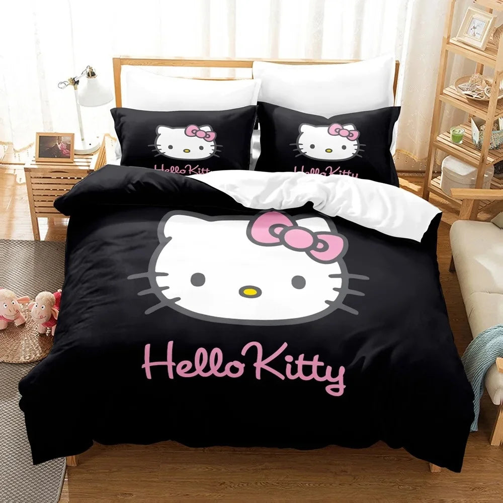 Sanrio Hello Kitty Cartoon Big Size Bedding Set Pink Cats Kawaii Duvet Cover For Girl Kids Single Decor Home Bedclothes Custom