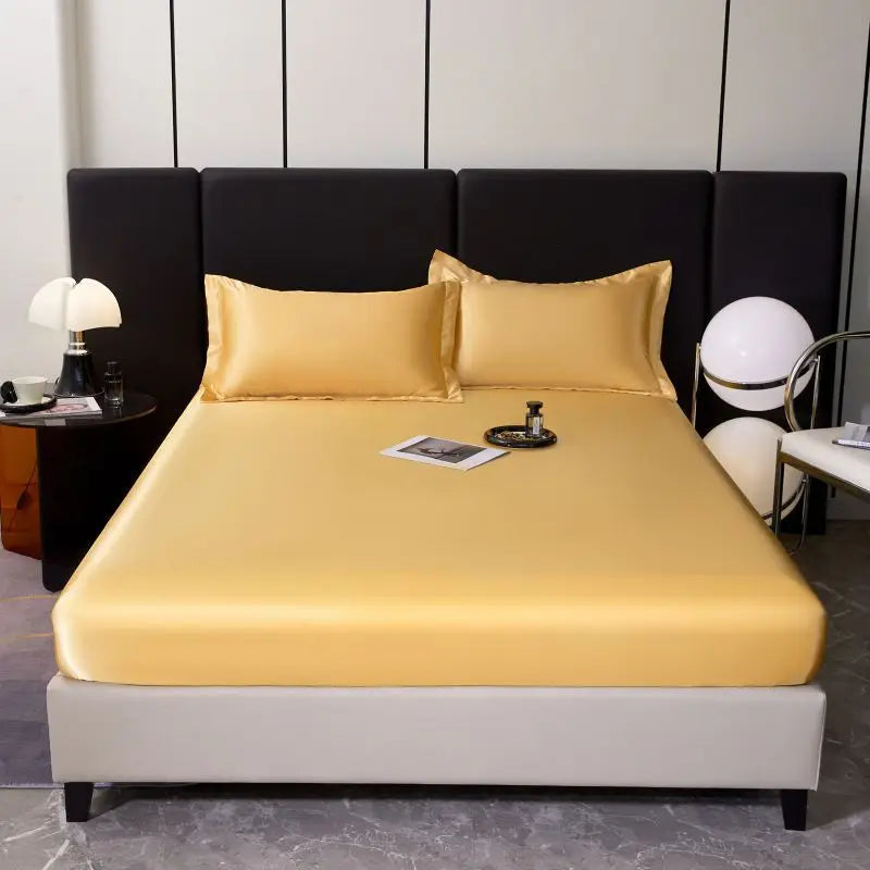 2025 new machine washable ice silk fitted sheet solid color cool silk mattress protective cover single piece no pillowcase