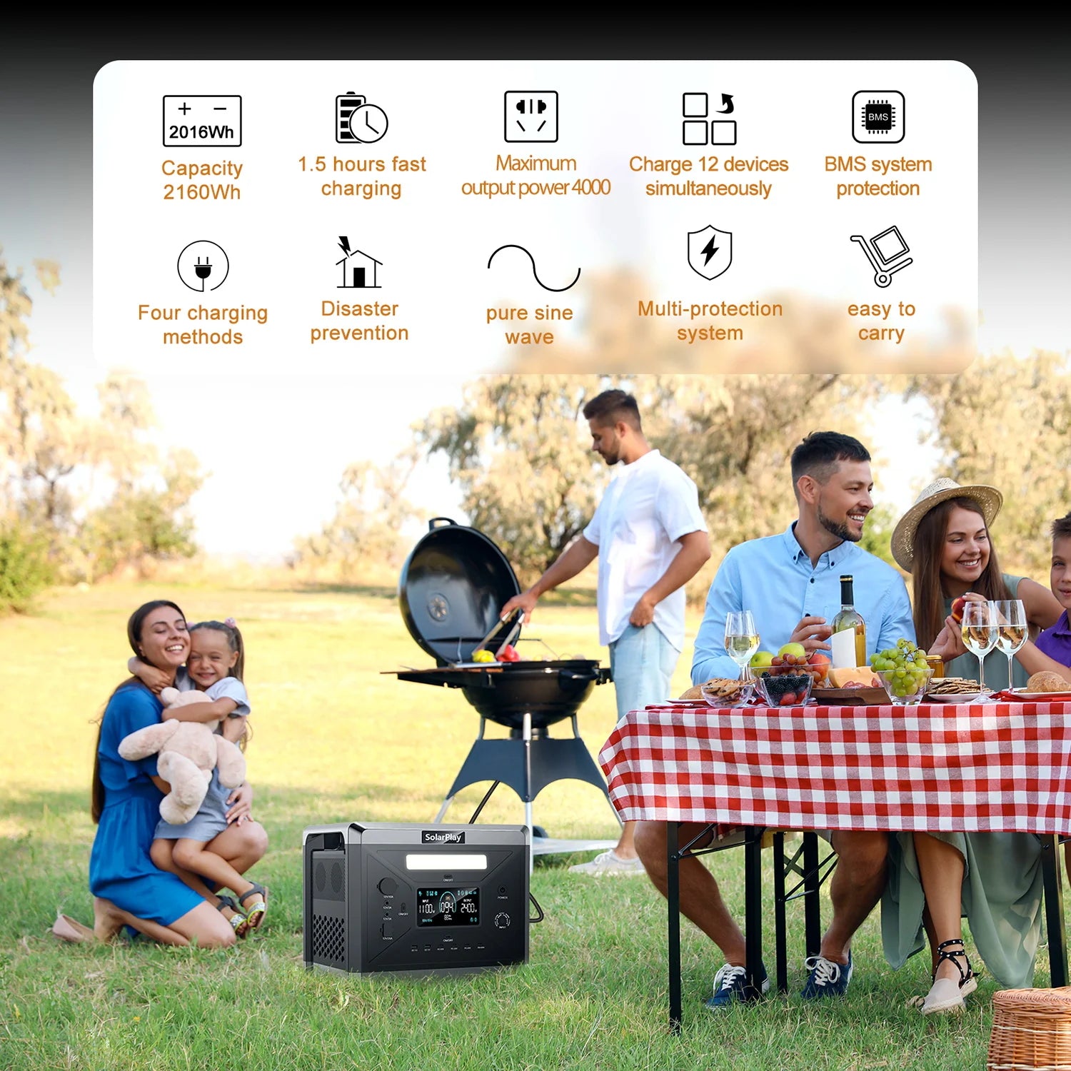 SOLARPLAY Q2501 Q2402M Portable Power Station 2160WH 2304WH LiFePO4 Battery with 2400W/2500W (4800W Peak) Solar Generator