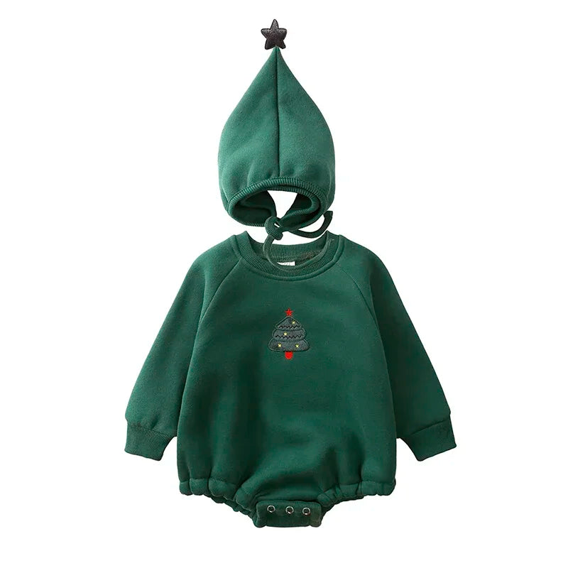 Baby Christmas Romper with Hat 0-24M Newborn Embroidery Solid Cotton Christmas Tree Santa Claus Deer Costume For Xmas Pajamas