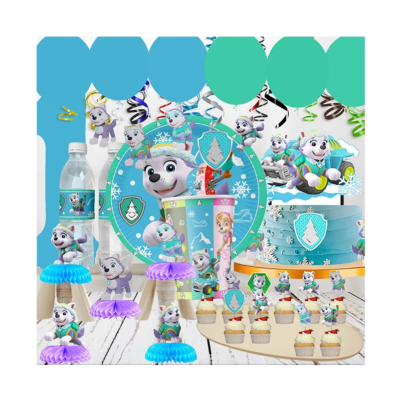 Paw Patrol Snow dog Everest Cartoon Animation Theme Birthday Party Decorations Disposable Sticker Balloon Paper Plates Supplies