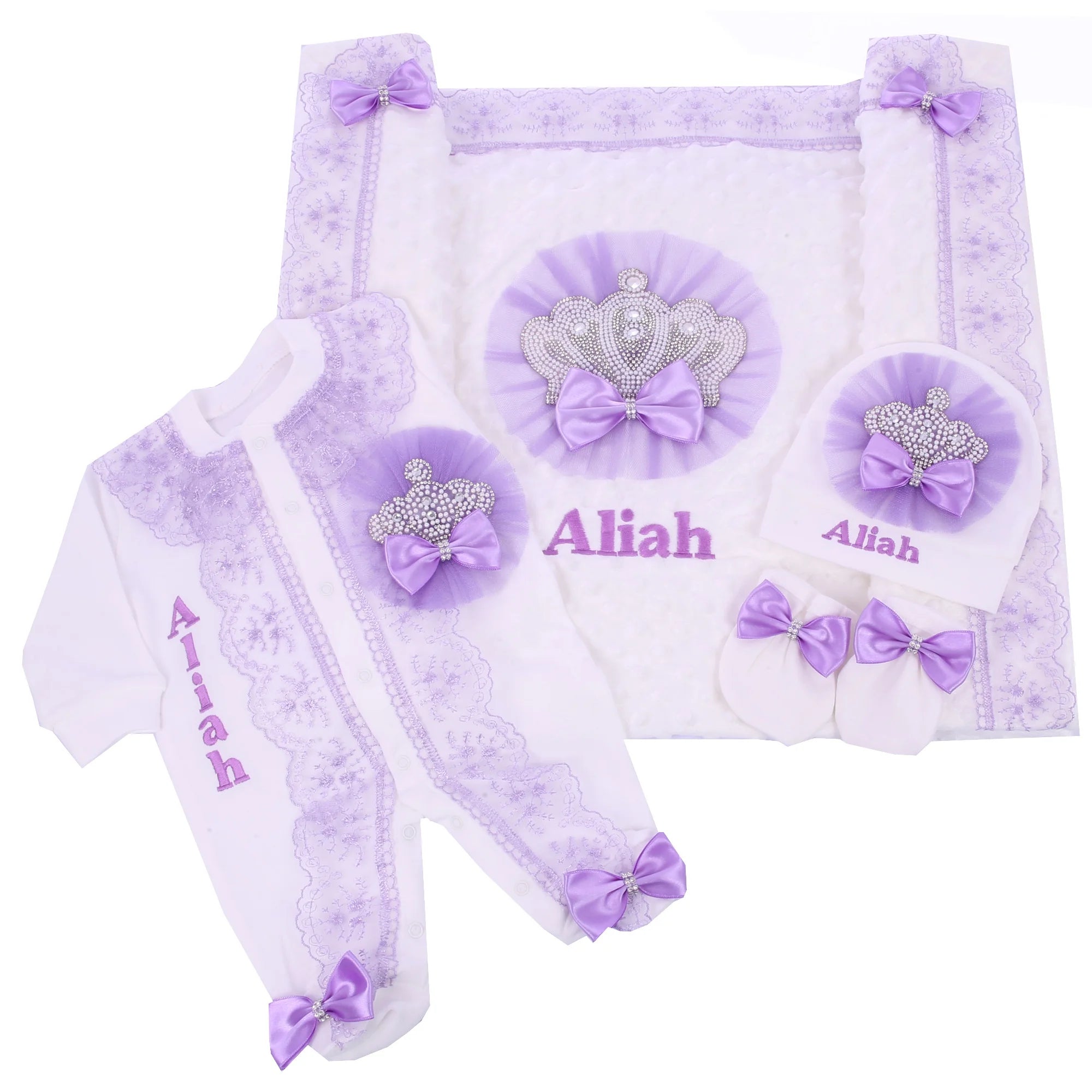 Customized Baby Name Newborn Pink Crown Jewels Gift Set 3pcs Outfits Pajamas Receiving Blanket Welcome Home Ceremonial dress