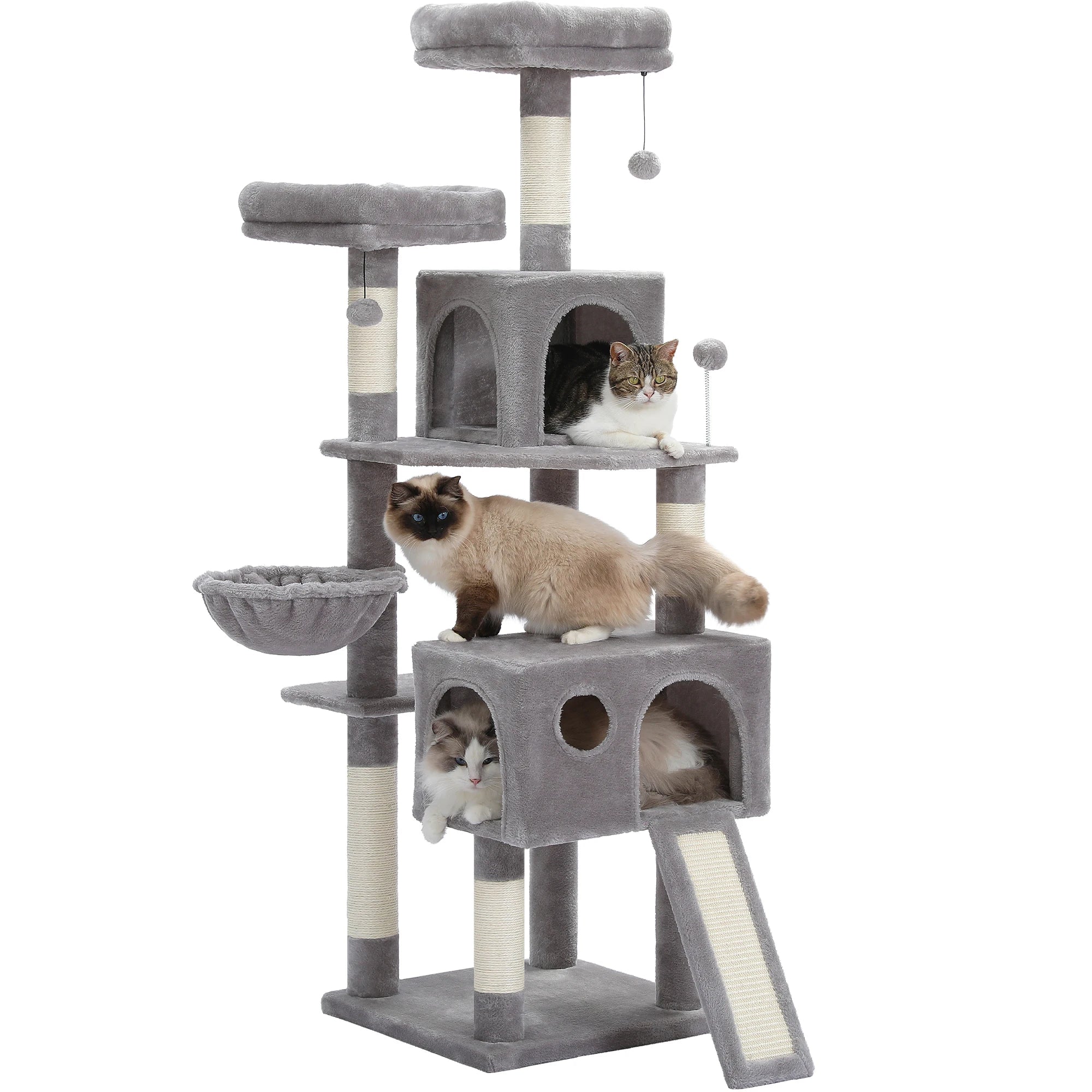 Stable&Safe Multi-Level Cat Tree Tower with Cozy Condo,Scratching Posts&Boards,Perches,Hammock,Pompoms for Active Cats,Cat Toys