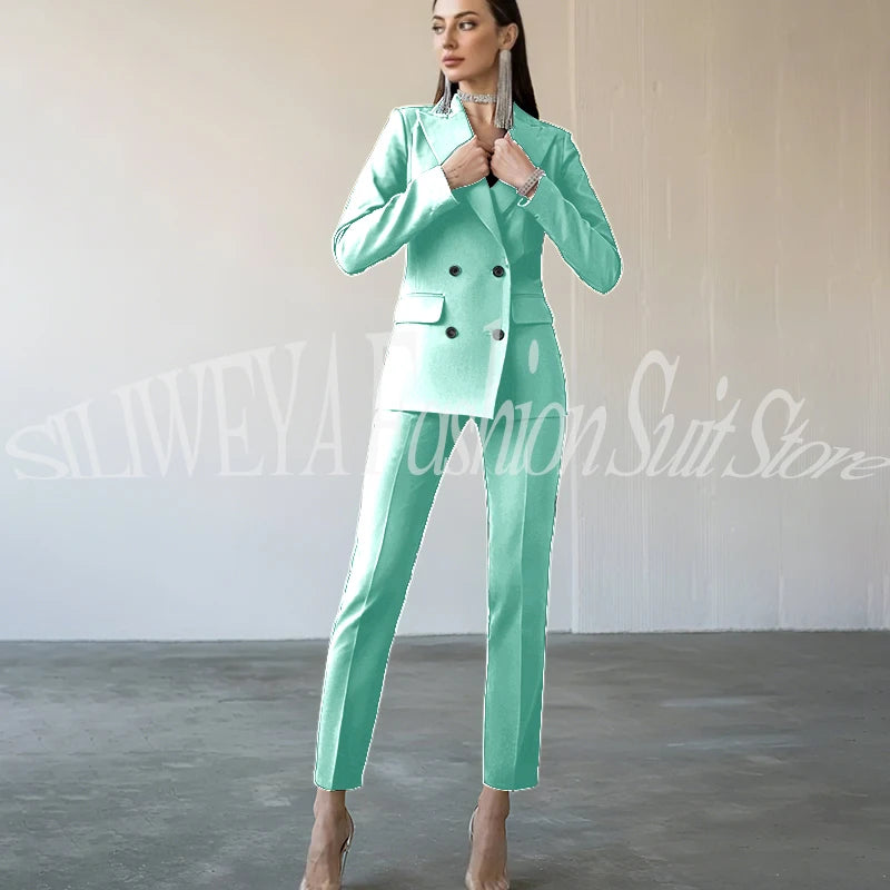 Fashion Chic Burgundy Red Purple Women Suit Double Breasted 2 Piece Jacket Pants Blazer Set Slim Fit Office Lady Female Clothing