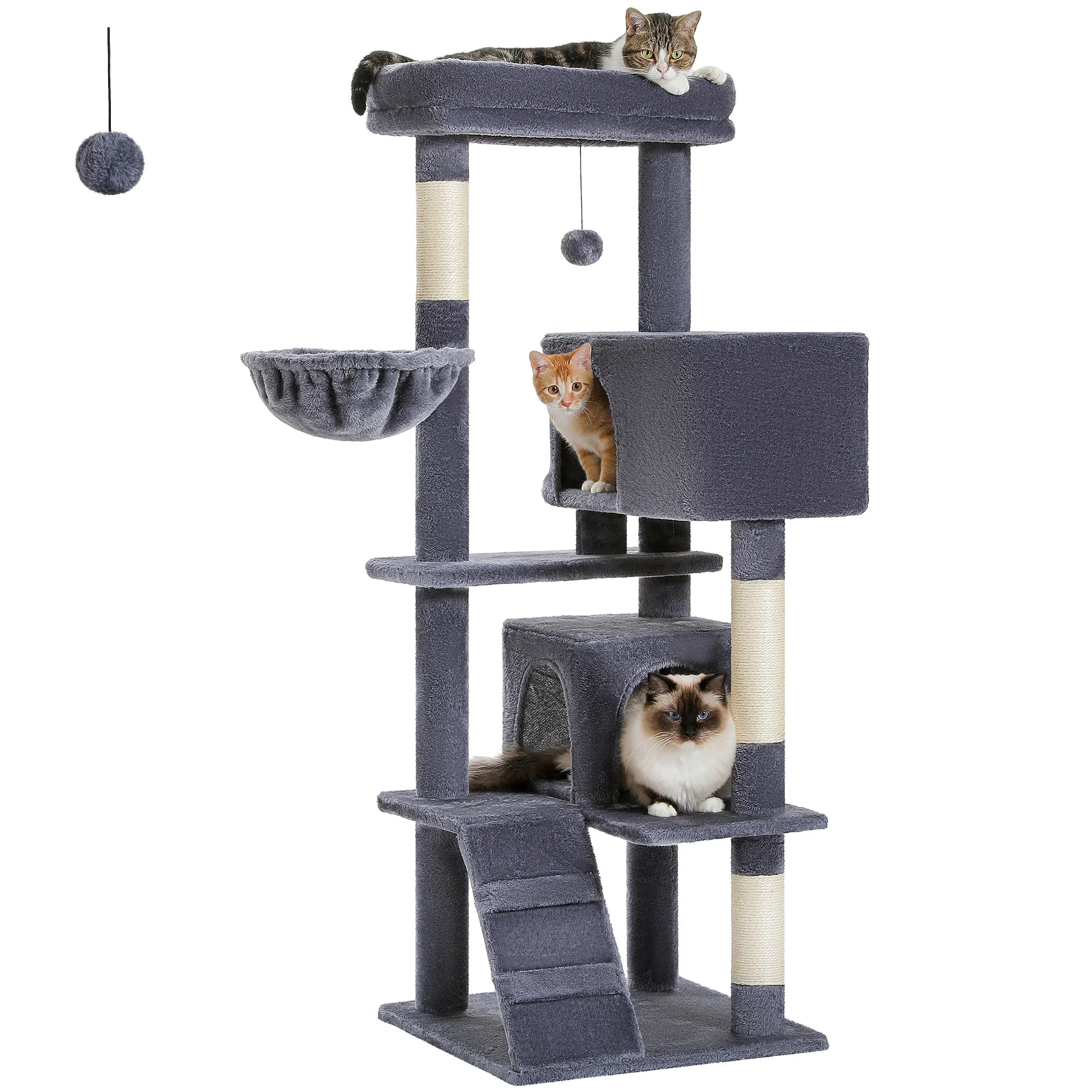 Stable&Safe Multi-Level Cat Tree Tower with Cozy Condo,Scratching Posts&Boards,Perches,Hammock,Pompoms for Active Cats,Cat Toys