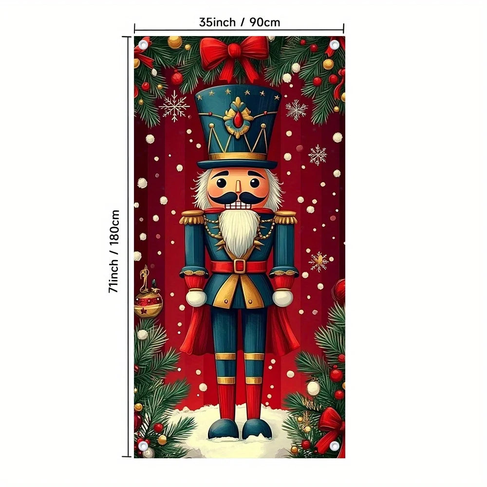 1 piece, festive walnut tongs Christmas door banner, red with gold accents, snowflake and pine tree design