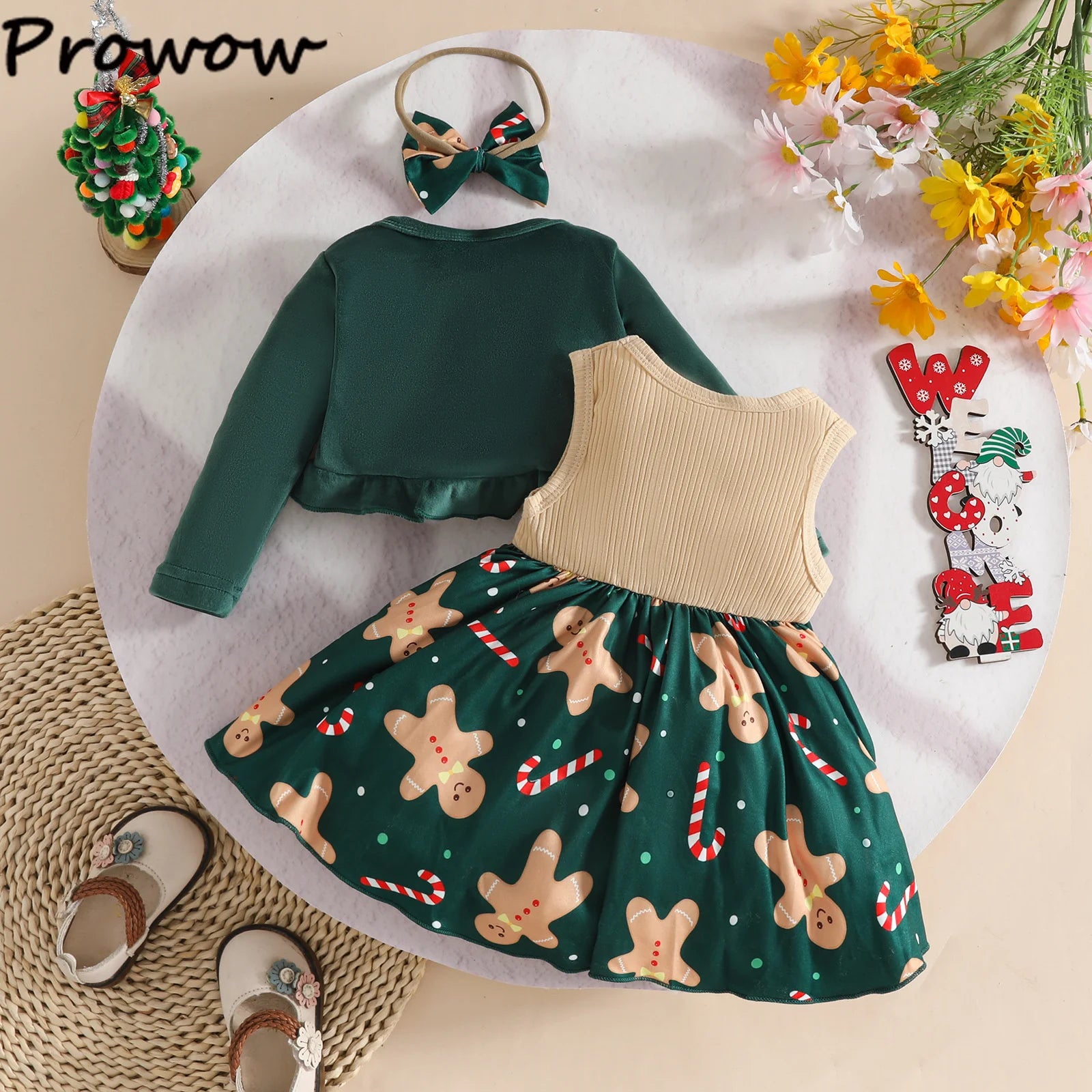 Prowow 0-3Y New Year Baby Dresses Green Velvet Coat Cardigan+Gingerbread Man Dress For Newborns My First Christmas Baby Clothes