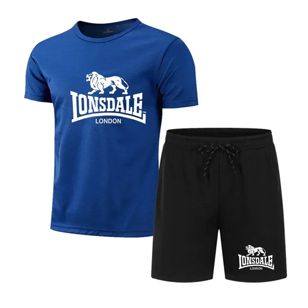 Men's summer T-shirt+shorts mesh set Lonsdale printed quick drying breathable sports set short jogging gym casual sportswear