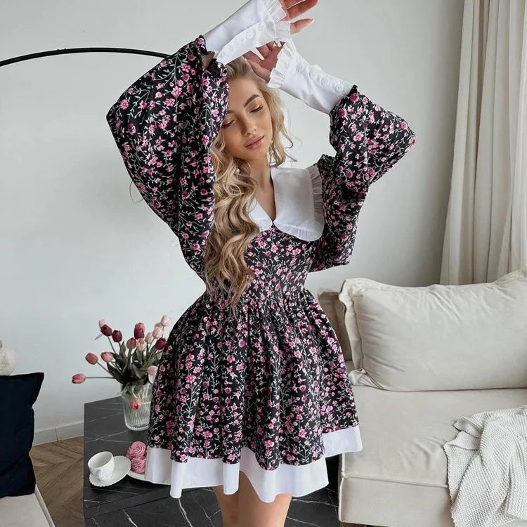 Tossy Ruffled Fashion Printed Mini Dress For Women V-Neck Patchwork Contrast Slim Long Sleeve Party Dress Female Bodycon Dress