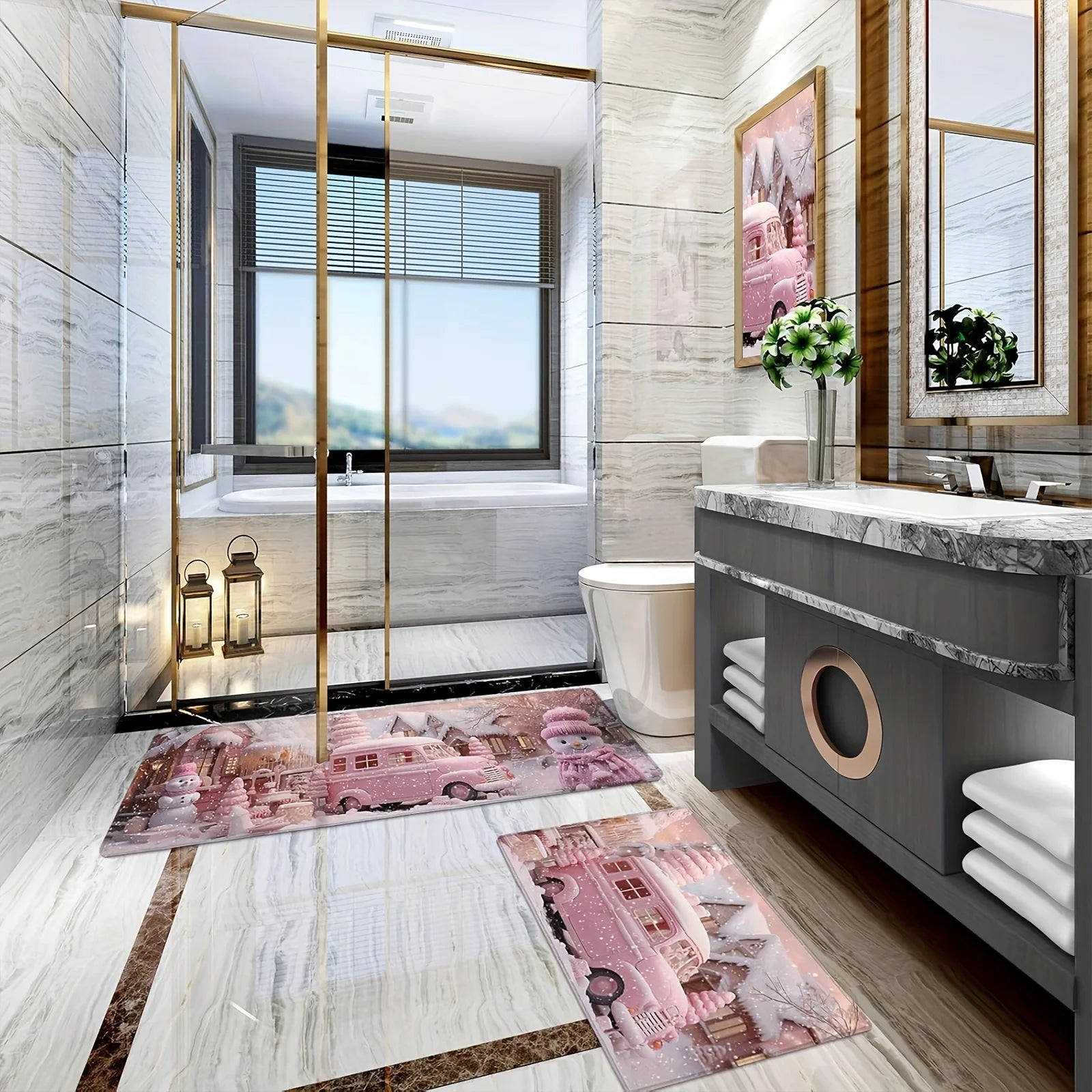 VIKAMA Christmas Pink Carpet Snowman Castle Floor Mat Living Room Carpet Bedroom Bedside Rug Soft Doormat Welcome Carpet Home De