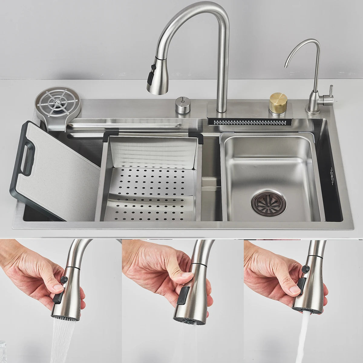 304 Stainless Steel Waterfall Kitchen Sink Large Single Slot Integrated 80X45cm Faucet Set Soap Dispenser Pure Water Tap