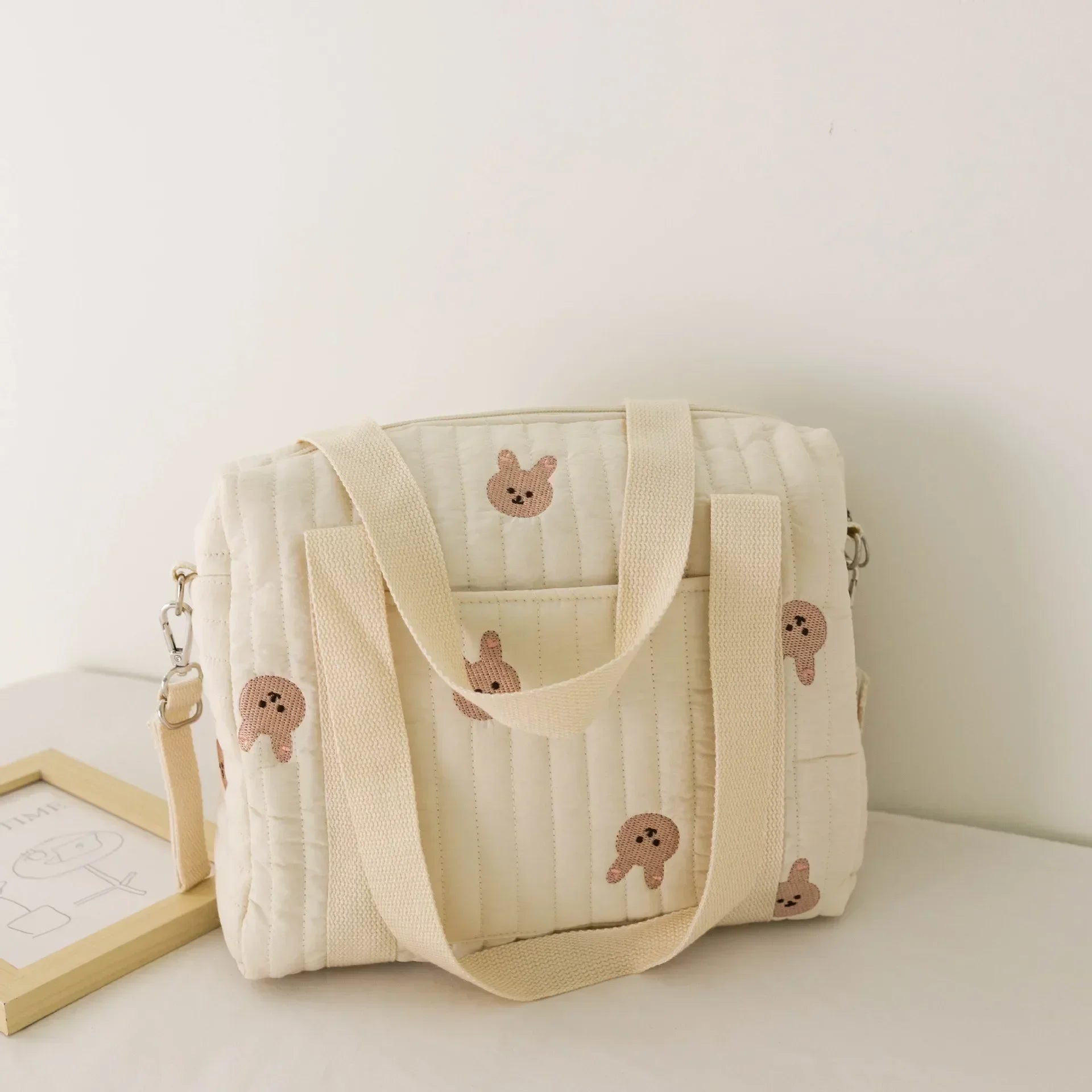Baby Diaper Bag Cute Bear Flower Embroidery Pattern Mommy Bag Baby Beige Cotton Fabric Zipper Diaper Handbag New Luggage Bag