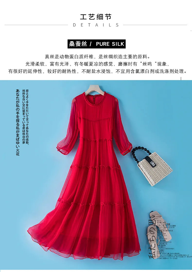 Winsleter, 100%Real Silk Elegant Dresses, Women Half Sleeve ONeck Ruched, Beach Vacation OL Dress, 2024 Summer Autumn D46910QM