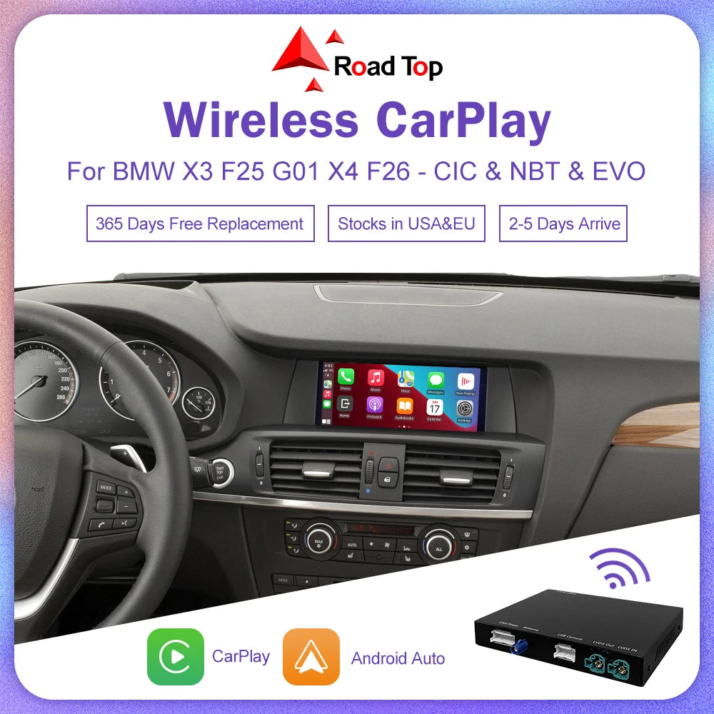 Road Top Wireless CarPlay for BMW X3 F25 G01 X4 F26 CIC,NBT,EVO System 2011-2020, with Android Mirror Link AirPlay Carplay Kits