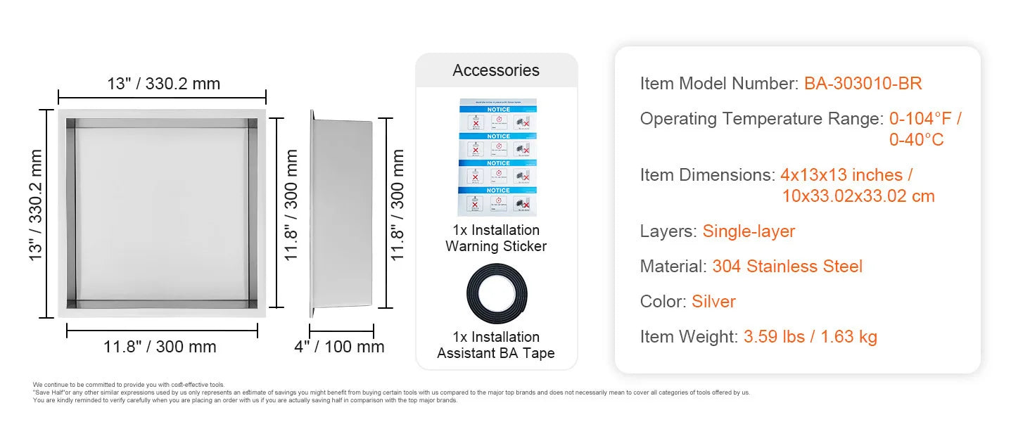 SucceBuy No Tile Shower Niche 304 Stainless Steel Wall Inserted Niche Recessed Double Shelves for Shower  Soap Storage Bathroom