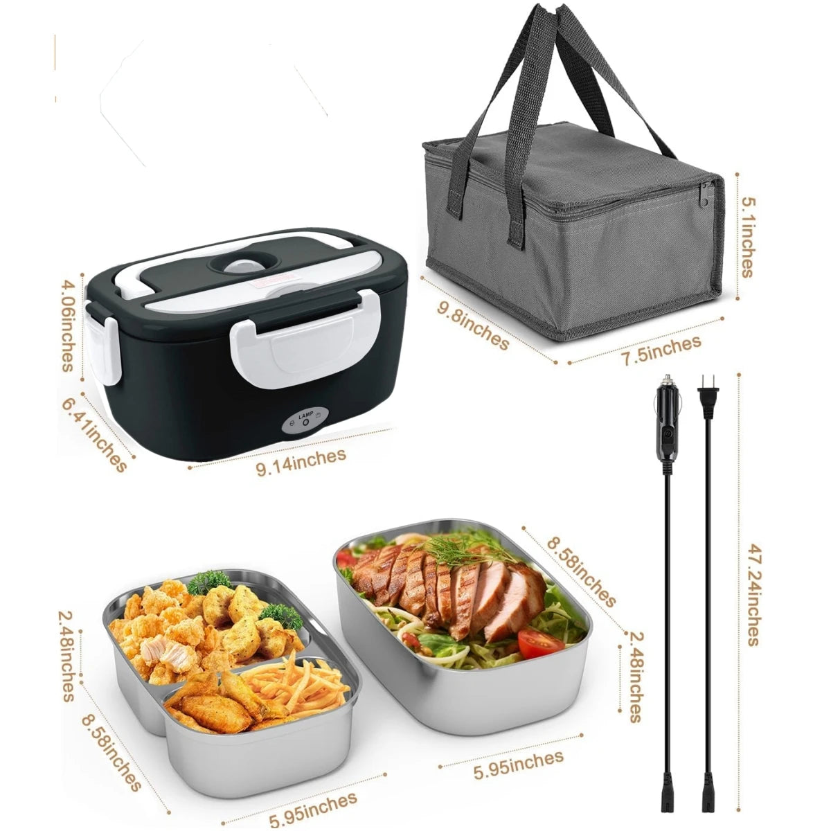 Electric Lunch Box for Adults-60W Fast HeatedLunch Box for Men&Women with Dual 1.5LStainless Steel Containers Fast Heating Porta