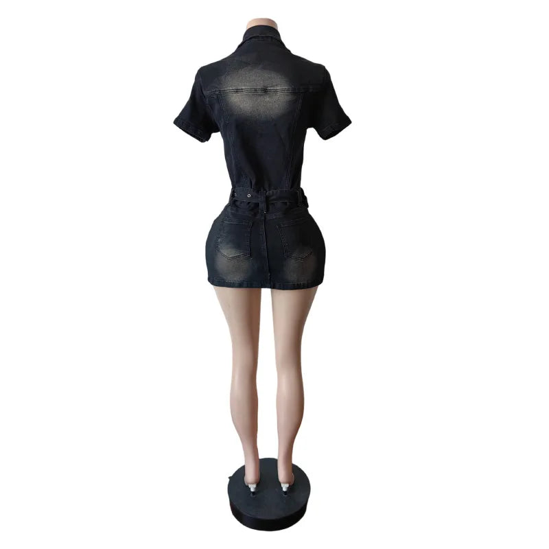 Benuynffy Sexy Half Button Elastic Denim Dress Women Summer 2025 New Turn-down Collar Fashion Slim-fit Bodycon Short Dresses