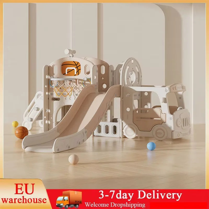 8 in 1 Children's Slide Mini Bus 2M HDPE Garden Slide - with Handrail Anti-Slip Gardens Tunnel Storage Space Indoor/Outdoor