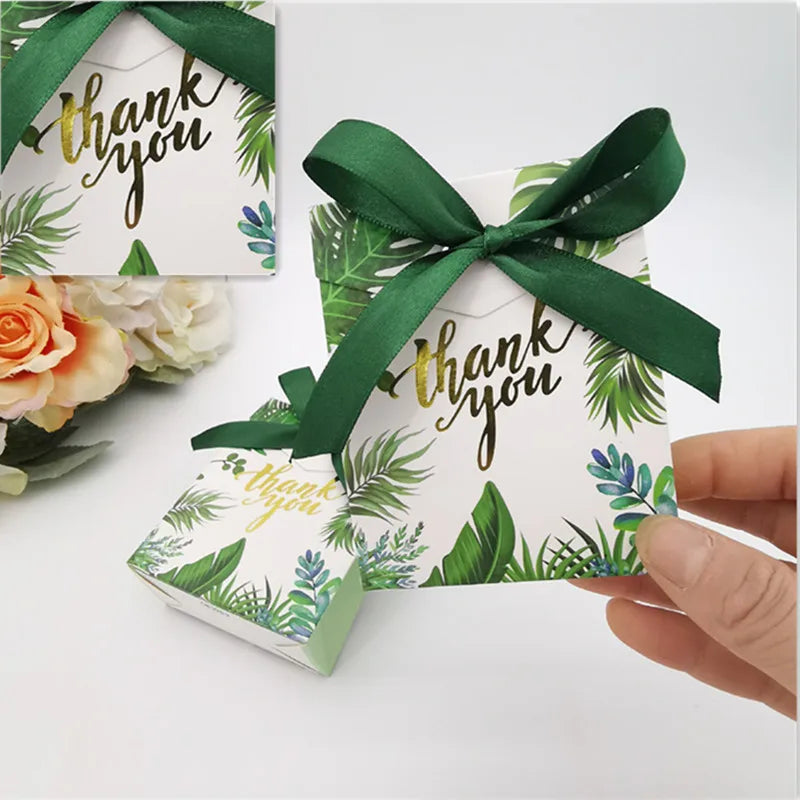 10/20pcs Thank You Candy Gift Box Green Leaf Cookie Chocolate Packaging Bag Wedding Favors for Guest Birthday Party Decor Supply