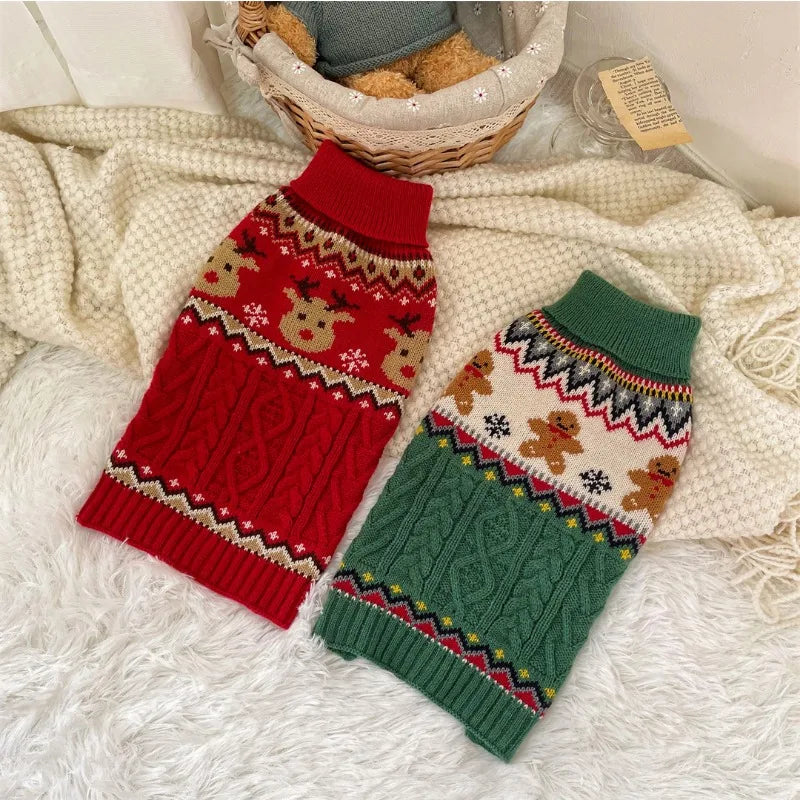 Pet Sweater for Dogs and Cats Fashion Warm Clothing in Winter Red and Green Gingerbread Cherry Deer Fresh Flowers White Sweater