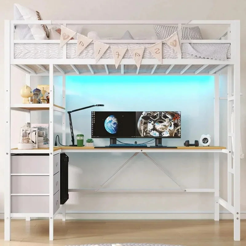 Lit mezzanine avec bureau en forme de L, lumières LED, station de recharge, étagères de rangement et tiroirs en tissu, ensemble de chambre à coucher, meubles de lits superposés