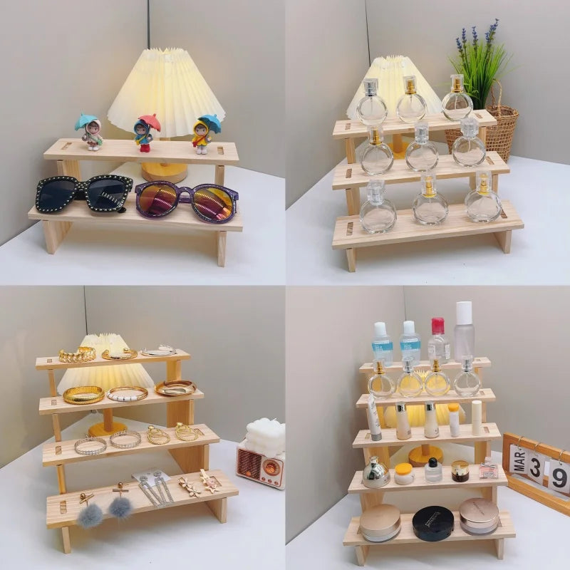 2-5 Tiers Wooden Display Rack Cosmetic Perfume Display Stand Doll Toys Stepped Desk Storage Home Desktop Organization