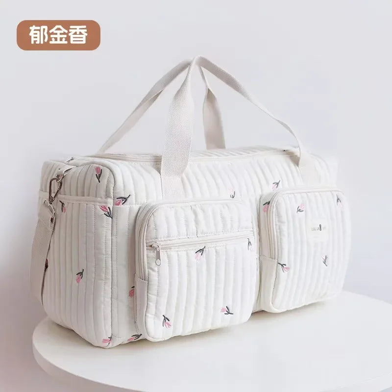 Baby Diaper Bag Cute Bear Flower Embroidery Pattern Mommy Bag Baby Beige Cotton Fabric Zipper Diaper Handbag New Luggage Bag