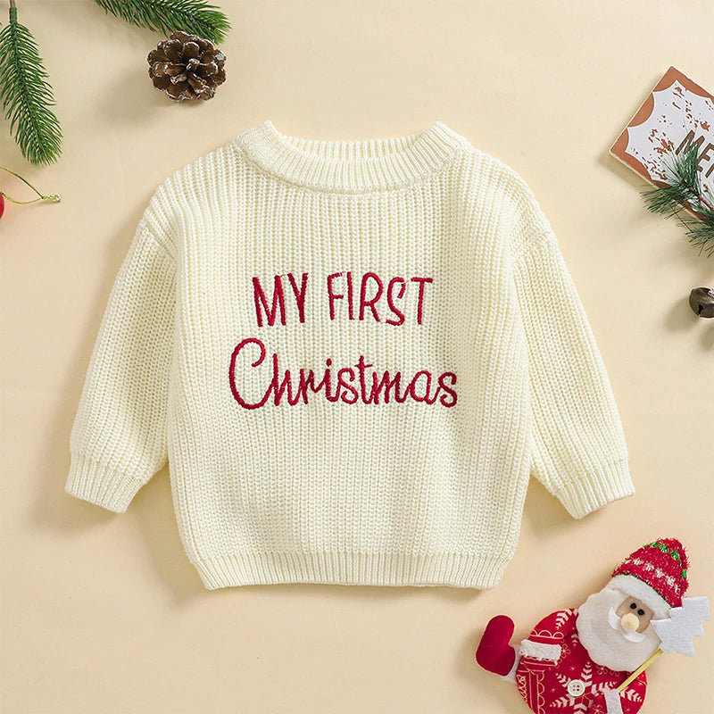 Baby Christmas Sweaters Letter Embroidered Long Sleeve Round Neck Knitted Pullover