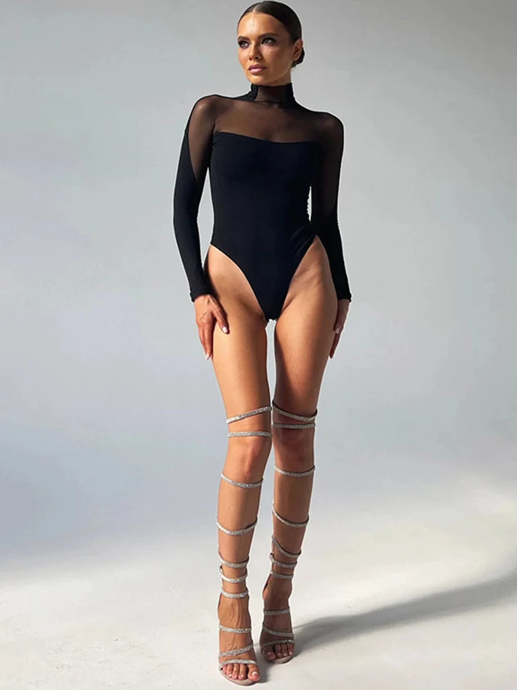 Bodysuit Women Sexy Transparent Turtleneck Festivals Outfits Mesh Top Long Sleeve Tees Sexy Woman Costume See Through Leotard