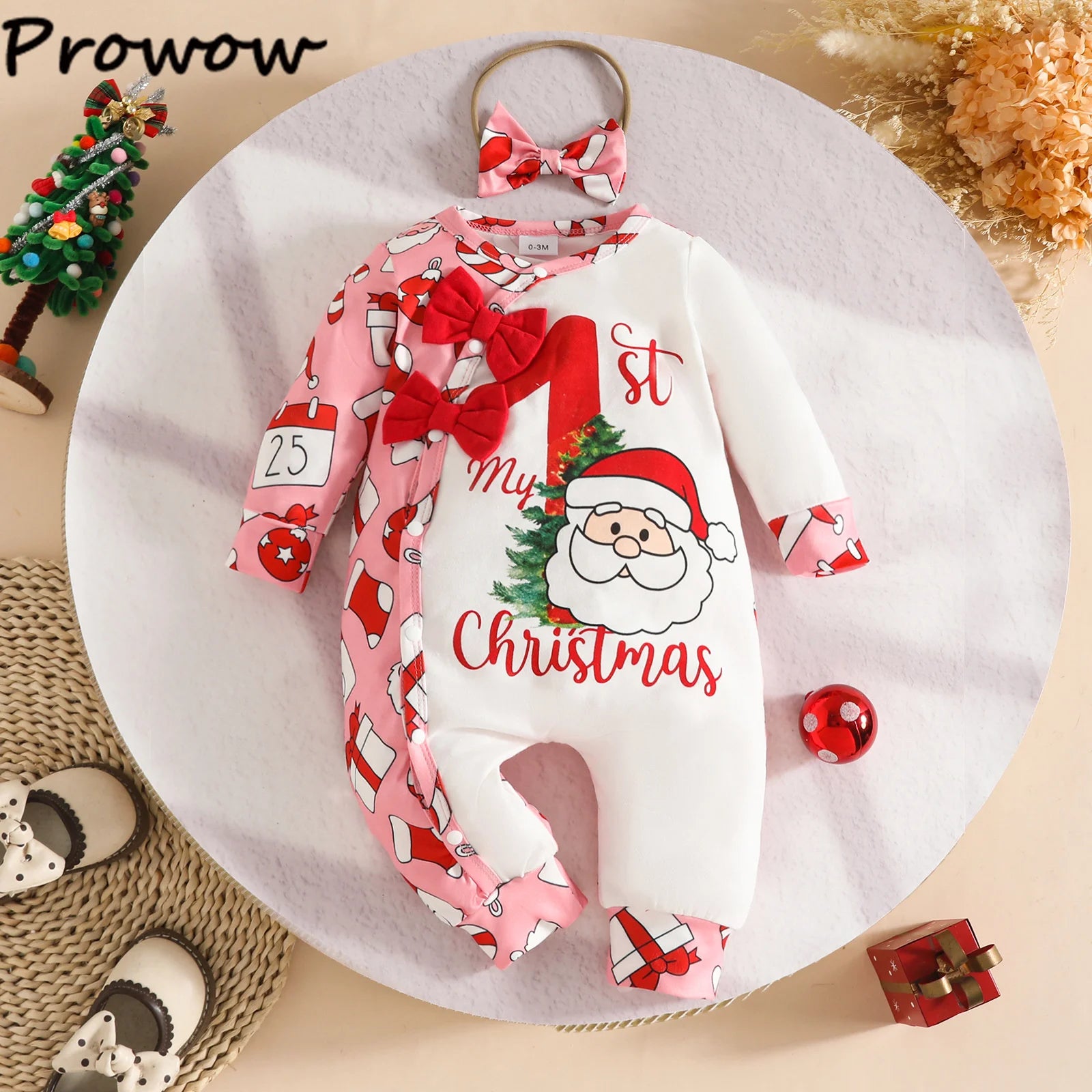 Prowow Baby Christmas Clothes 2025 Cartoon Pattern Green Romper Xmas Jumpsuit For Kids Newborn New Year Baby Costume Boy Girls