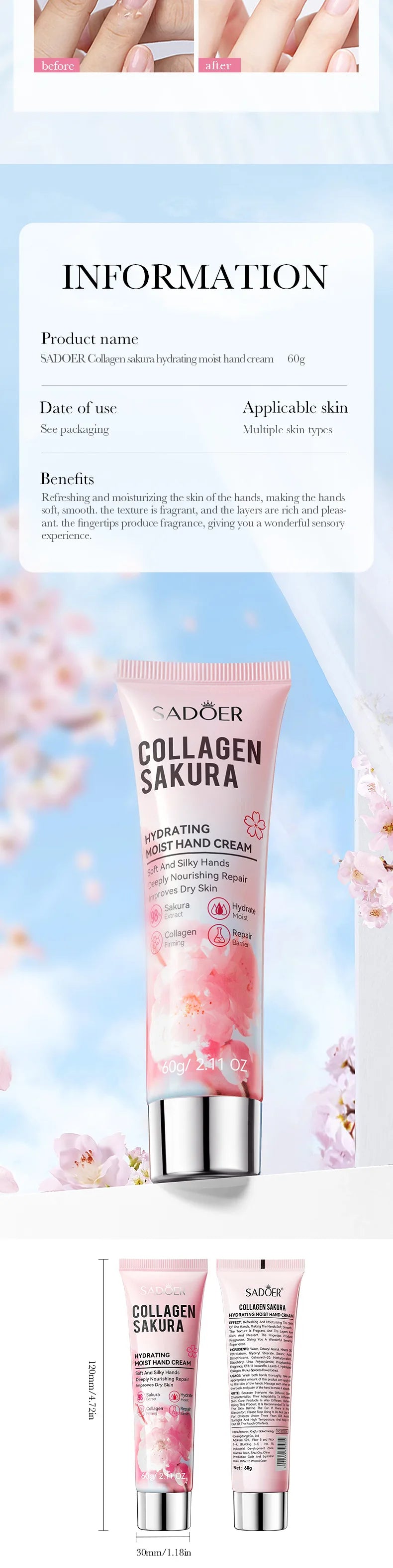 SADOER Sakura Collagen Hand Cream Moisturizing & Nourishing, Brightening Care, Anti-Wrinkle Anti-Crack Cream for Hands 60G