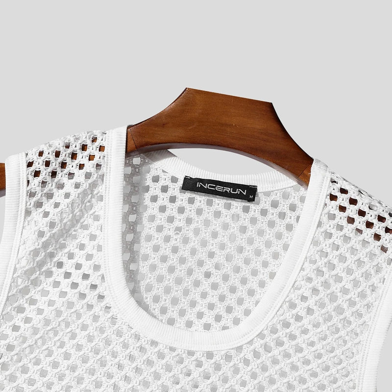 INCERUN Men Sets Solid Color Mesh Hollow Out See Through Tank Tops & Shorts 2PCS Summer Sexy Vacation Men Casual Suits 2025 5XL