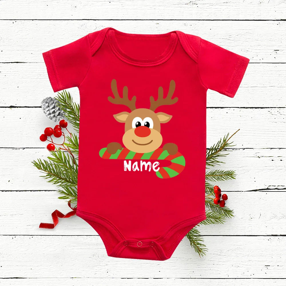 Personalized Baby Christmas Romper Deer with Name Newborn Bodysuit Infant Red Cotton Junpsuit Toddler Xmas Outfit Clothes