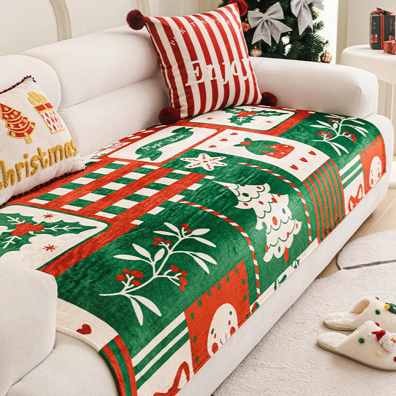 Winter Christmas Flannel Sofa Cover Anti-Slip All-Inclusive Universal Sofa Cover In One Straight Row Sofa Cushion Decor Home
