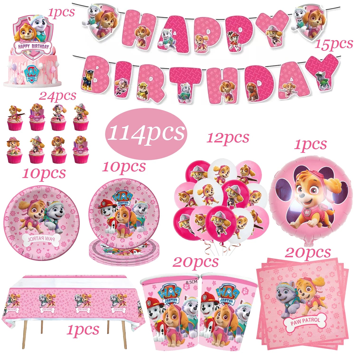 Paw Patrol Birthday Decoration Dogs Skye Disposable Set Tableware Plate Cup Tablecloth Skye Baby Shower Kids Girls Party Supplie