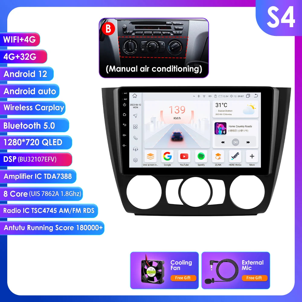 Hizpo 9inch 2Din Android13 Car Radio for BMW 1 Series E81 E82 E87 E88 AT MT Navigation GPS RDS DSP Android Auto CarPlay 360° CAM