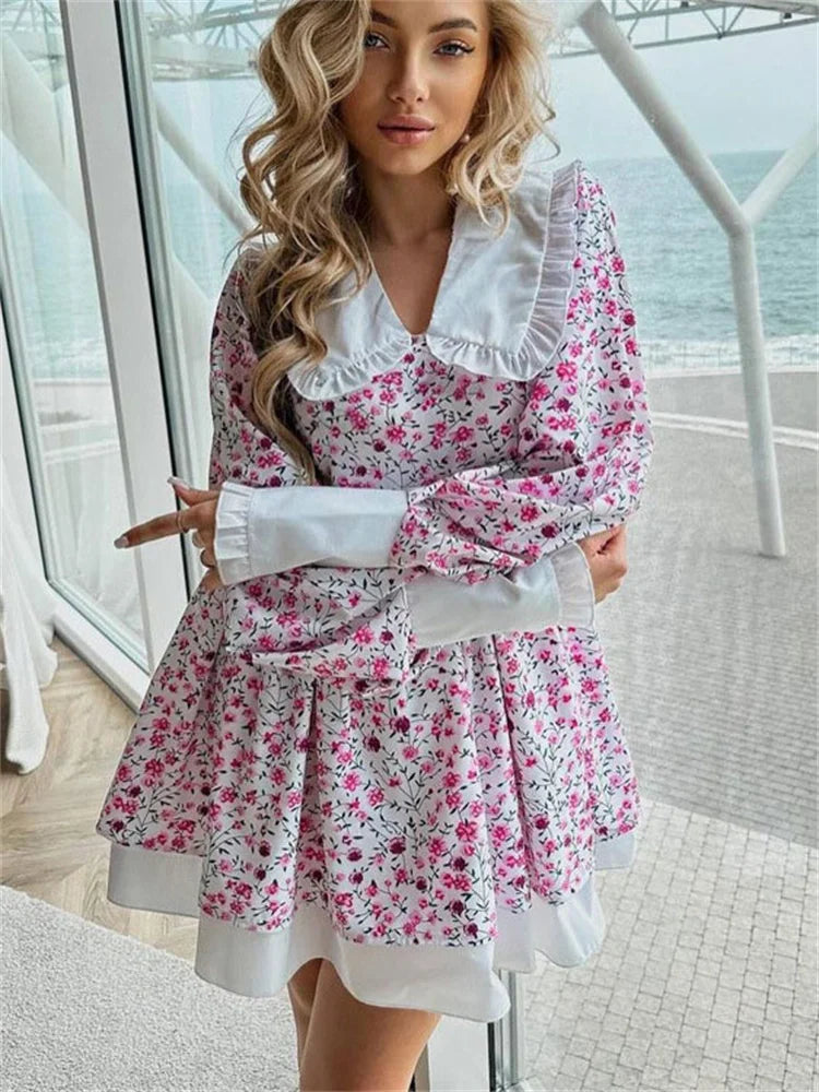 Tossy Ruffled Fashion Printed Mini Dress For Women V-Neck Patchwork Contrast Slim Long Sleeve Party Dress Female Bodycon Dress