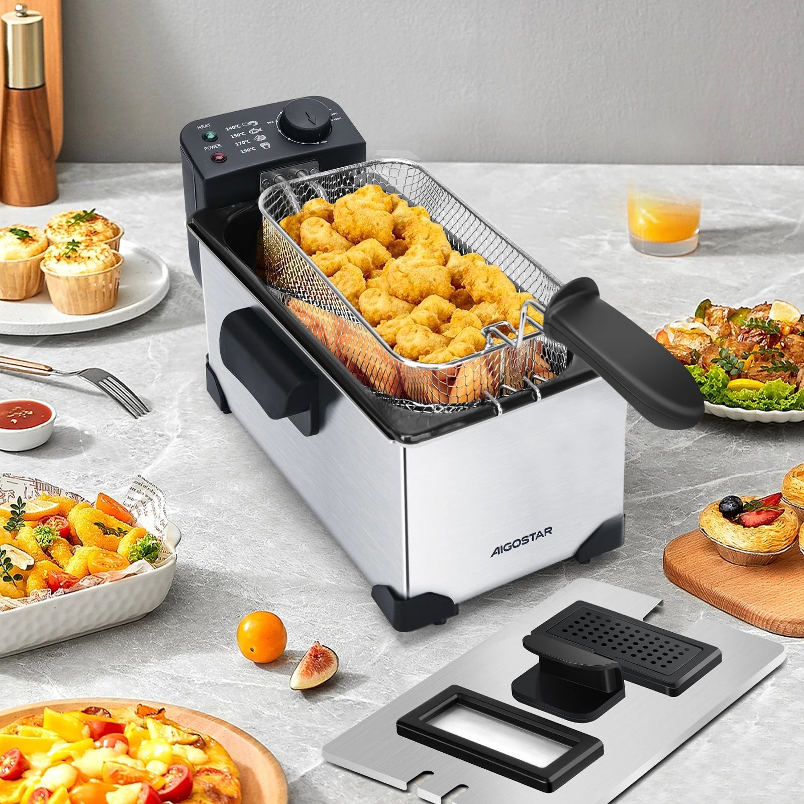 Aigostar Fryer 2200Watts, 3 Litre Capacity with Window, Temperature Control, Removable Oil Bowl