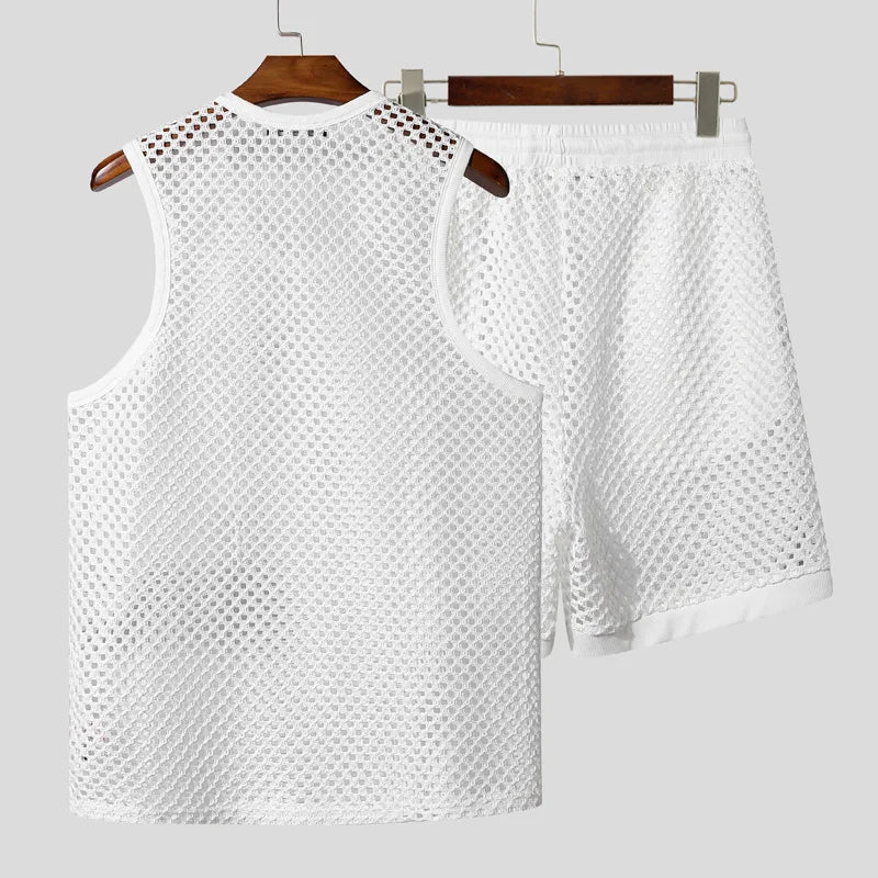 INCERUN Men Sets Solid Color Mesh Hollow Out See Through Tank Tops & Shorts 2PCS Summer Sexy Vacation Men Casual Suits 2025 5XL