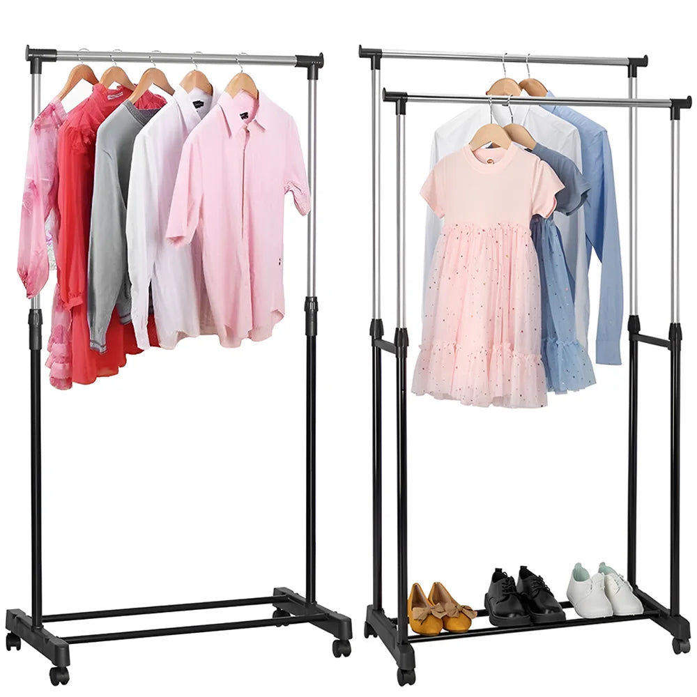75X42X150cm Clothes Rack Wheeled Clothes drying rack Height adjustable Storage Rack Movable Coat Rack Floor Clothes Hangers