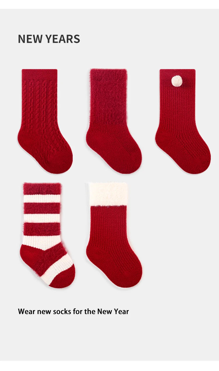 Red New Year Socks Newborn Baby Kids Soft Solid Thickened Velvet Toddler Mid Socks Girls Infant Boys Cute Boneless Socks 0-12Y
