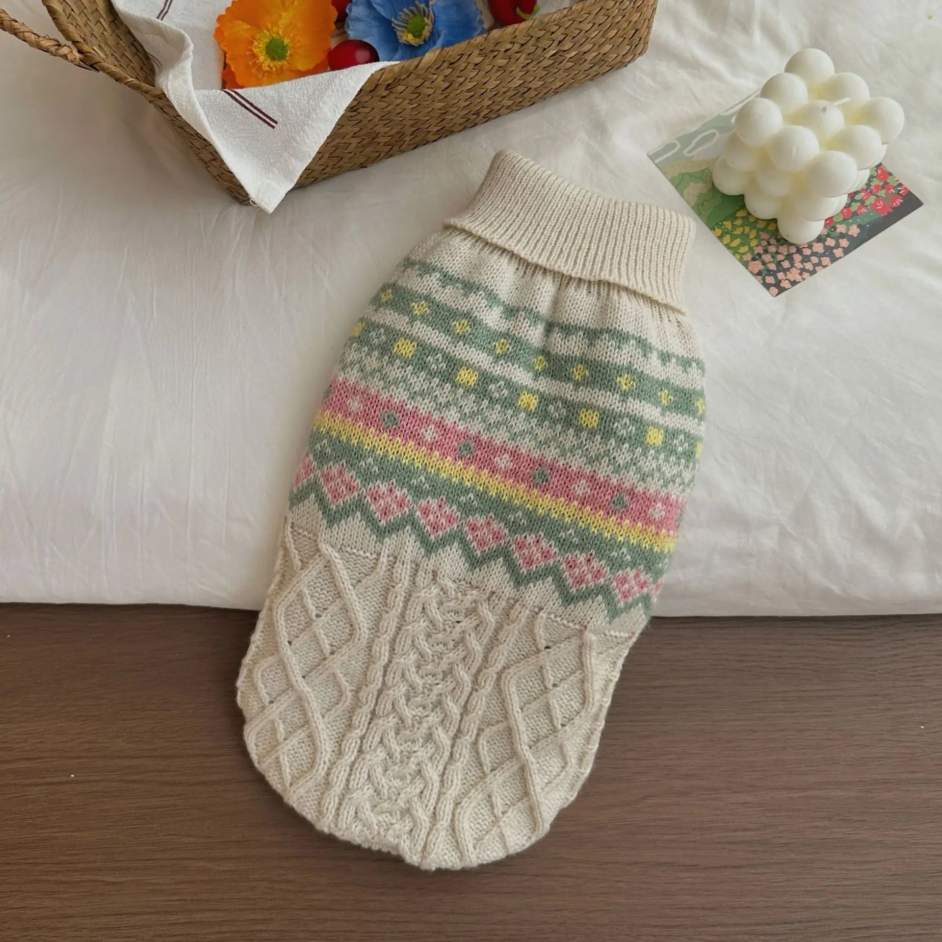 Pet Sweater for Dogs and Cats Fashion Warm Clothing in Winter Red and Green Gingerbread Cherry Deer Fresh Flowers White Sweater